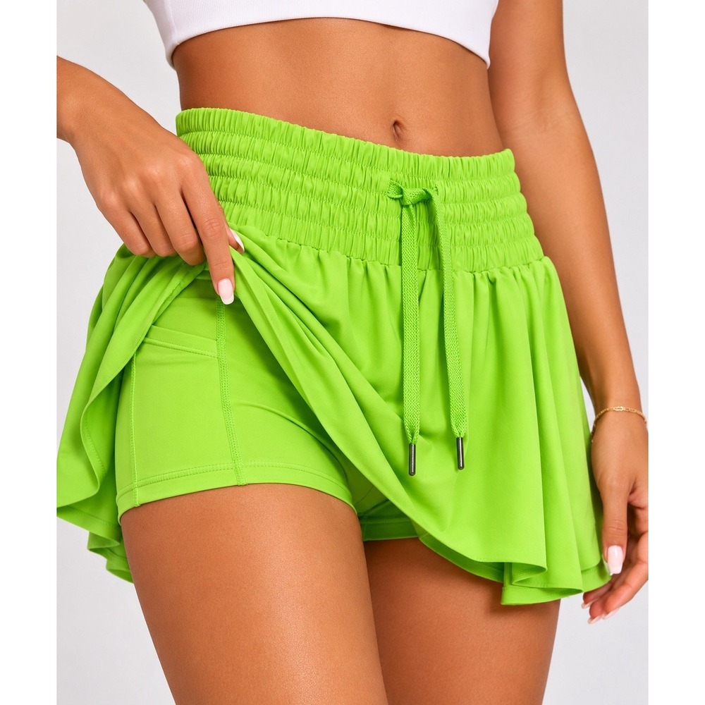 Blason Women's Athletic Skort Size S Neon Green Ruched Waist Built-In Shorts